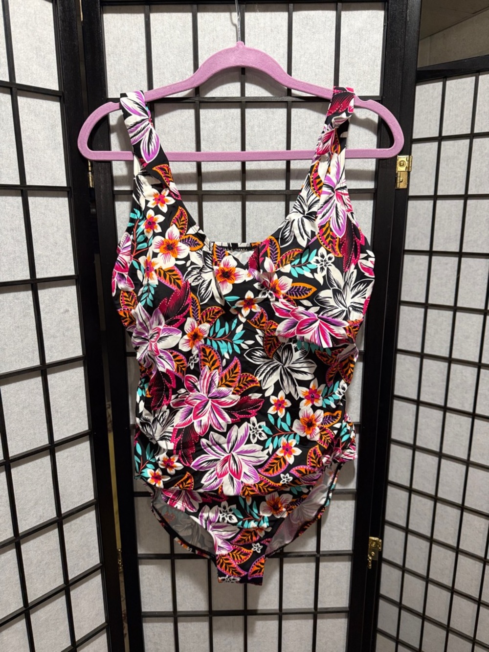Jantzen Black Floral One-Piece Swimsuit with Pink & Teal Accents Size 16